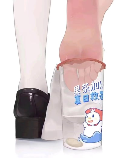 这是一张利用视觉错位创作的趣味梗图，画面中女生的一只脚搭配白色丝袜与黑色粗跟鞋，另一只脚的部分与蜜雪冰城的果茶杯巧妙融合，营造出脚“浸泡”在冰饮杯中的错觉。杯子上印有蜜雪冰城的IP形象雪王，还有“果茶加冰 夏日救星”的标语，脚面的水珠效果进一步强化了冰饮的清凉感，用脑洞大开的错位玩法呼应夏日冰饮解暑的主题，充满搞笑创意。