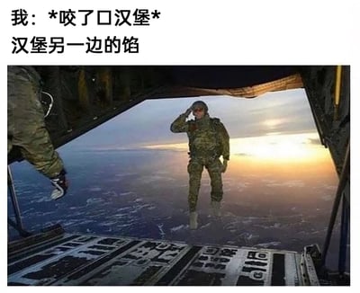这是一张结合文字与实拍照片的搞笑梗图，上方配有文字“我：*咬了口汉堡* 汉堡另一边的馅”，下方配图为一张军事实拍照片，画面里一名身着全套迷彩跳伞装备的士兵正从大型运输机尾部舱门处跳出，同时抬手敬礼，背景是高空视角下的海面与黄昏天空。图中采用拟人化的创意，将人们吃汉堡时从另一侧意外掉落的馅料，比作这名将机舱“当作汉堡”、正在“告别离开”的跳伞士兵，用充满反差感的军事场景，夸张又生动地还原了日常吃汉堡时馅料掉落的无奈又好笑的小插曲，能引发有类似经历的人的共鸣。