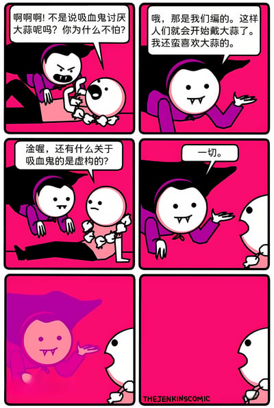 这是一幅六格漫画，讲述了一个关于吸血鬼传说的幽默反转故事。画面中一个白色圆形角色惊恐地问吸血鬼为什么不怕大蒜，吸血鬼得意地解释说怕大蒜是吸血鬼编造的谎言，目的是让人们佩戴大蒜，而他其实很喜欢大蒜。当白色角色追问还有什么是虚构的时，吸血鬼回答'一切'，最后以一个神秘的表情结束。