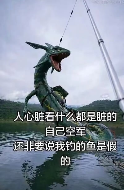 这是一张搞笑合成梗图，背景是真实的户外野外水域钓鱼场景，画面右侧露出钓鱼竿的一部分，钓线勾住了宝可梦系列中的神兽裂空座的头部，将其从水中钓起，裂空座张着嘴露出尖牙，半截身子仍在水中。图中叠加白色大字配文，吐槽钓鱼圈常见现象：自己钓鱼没有收获（圈内俗称“空军”），就恶意质疑其他人钓到的鱼是假的，用夸张到钓上传说神兽裂空座的荒诞内容，反讽这类爱质疑他人的人是“心脏看什么都脏”。