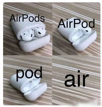 这张梗图通过四格形式，展示了苹果AirPods耳机和其配件的数量层层递减：第1格完整的AirPods对照英文“AirPods”，第2格只剩一只“AirPod”，第3格仅剩充电盒（pod），第4格什么都没有（air）。玩笑地映射苹果命名方式，让人有种“买到最后只剩空气”的调侃和反讽感。图中的文字与实物变少形成对比，有明显的层层递减和幽默双关效果，但不涉及谐音梗。