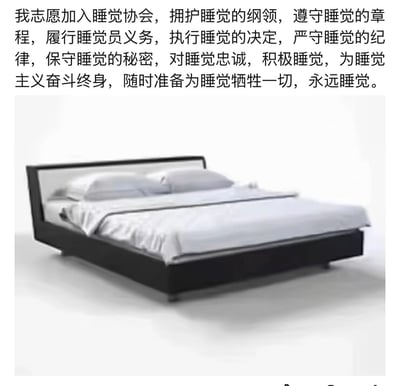 这是一张采用上文下图顶配底文布局的网络搞笑梗图：上方文字模仿正式志愿誓词的规范格式，虚构了“睡觉协会”的入会誓词，将誓词中原有的组织相关表述全部替换为和睡觉相关的内容，用庄重严肃的句式表达对睡觉的极度推崇；下方配图是一张设计简约的现代双人床，配有白色枕头和床品，和上方的睡觉主题相呼应，整体通过反差感的创作手法，幽默诙谐地抒发了当代人想要多休息、排斥生活压力只想睡觉的普遍情绪。