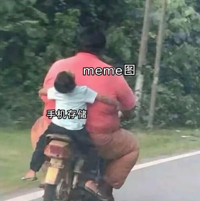 这是一张用于调侃手机存储状态的搞笑meme图，通过视觉反差制造笑点。图中体型极其庞大的成年人被标注为“meme图”，占据了摩托车的绝大部分空间；后座的小孩被标注为“手机存储”，只能挤在狭小的位置，双臂环抱着前方的成年人，形象地比喻了手机存储被大量meme图占用，剩余可用空间极少的日常情况，精准戳中不少网友手机存满梗图的生活痛点。