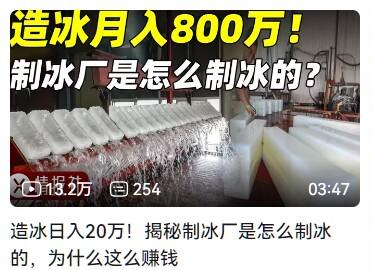 视频截图展示了制冰厂内整齐排列的大量冰块场景，上方有醒目标题“造冰月入800万！制冰厂是怎么制冰的？”，下方显示视频数据“13.2万”播放量、“254”条评论及“03:47”时长，底部配有字幕“造冰日入20万！揭秘制冰厂是怎么制冰的，为什么这么赚钱”，整体为图文混排形式，聚焦制冰厂高利润话题。