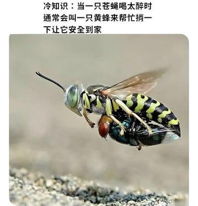 图片上方配有文字“冷知识：当一只苍蝇喝太醉时通常会叫一只黄蜂来帮忙捎一下让它安全到家”，下方是一张清晰的照片，展示了一只黄蜂正飞行着，其腿部下方携带一只看起来瘫软的苍蝇，背景为模糊的地面。整体通过拟人化的幽默手法，将昆虫行为赋予人类社交场景，营造出诙谐有趣的效果。