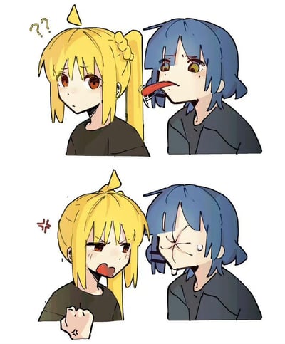 这是一组基于动漫《孤独摇滚！》的二创漫画，分为上下两格：上半部分中山田凉调皮地用舌头舔伊地知虹夏头顶的发饰，虹夏露出疑惑的表情；下半部分虹夏发现后愤怒地捏起山田凉的脸，将她的脸捏得皱成一团，山田凉露出委屈的表情，展现了两人搞笑的日常互动。