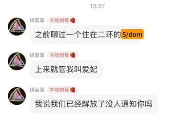 社交媒体聊天截图，用户"绿蓝藻"分享了一段有趣的社交经历：曾遇到一位住在二环的S/dom，对方一上来就称呼自己为"爱妃"，被用户犀利回怼"我们已经解放了没人通知你吗"。对话充满幽默与讽刺，展现了现代女性对传统尊卑观念的调侃与反抗。
