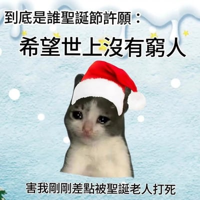 图片背景为蓝色雪地场景，点缀着白色雪花和黄色星星。中央是一只戴着红色圣诞帽（白色帽檐和绒球）的猫咪，它睁着大大的眼睛，表情看起来有些无辜和疑惑。图片上方有文字“到底是谁圣诞节许愿：希望世上没有穷人”，下方文字“害我刚刚差点被圣诞老人打死”。这是一张结合圣诞节元素的幽默梗图，通过猫咪的“抱怨”制造笑点，暗示因这个愿望导致自己（可能被误解为“穷人”）差点被圣诞老人攻击。
