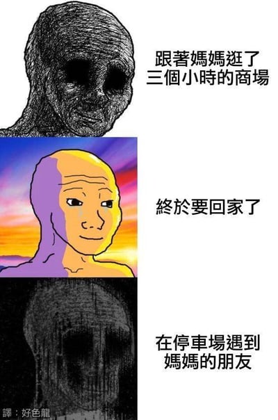 这是一张三格漫画形式的梗图，通过夸张的人物表情变化展现陪妈妈逛街的崩溃经历。第一格是一个面容憔悴、眼神空洞的黑色剪影人物，配文“跟著媽媽逛了三個小時的商場”；第二格是一个色彩明亮、面带微笑的人物，背景是绚丽的晚霞，配文“終於要回家了”；第三格又回到黑暗风格，人物表情更加绝望，配文“在停車場遇到媽媽的朋友”。图片底部有“譯：好色龍”的注释，表明使用了“好色龙”系列的人物形象模板。