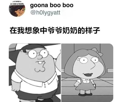 这是一张社交媒体截图，上方显示Twitter用户goona boo boo（@h0lygyatt）的帖子，配有中文文字“在我想象中爷爷奶奶的样子”。图片下方分为左右两格，各有一个黑白卡通人物：左侧是一位戴眼镜、体型较胖的男性角色，穿着白色上衣和深色短裤，面带微笑站立；右侧是一位扎着蝴蝶结、穿着连衣裙的女性角色，同样微笑站立。整体风格幽默地展现了对爷爷奶奶形象的想象。