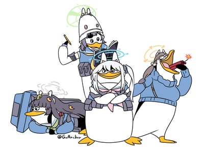 插画中四只拟人化企鹅角色展现不同趣味姿态：左侧灰发企鹅趴在蓝色行李箱上，头部环绕晕眩螺旋符号显疲惫；中间后方戴帽企鹅手持笔记本与笔，头顶绿色齿轮符号似在记录；中央白发企鹅双臂交叉站立，粉色领结搭配严肃表情显傲娇；右侧企鹅高举点燃的红色烟花棒，张大嘴巴流露兴奋。角色均着蓝色系服饰，整体风格卡通可爱，营造轻松欢乐氛围。