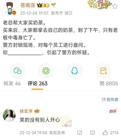 这张梗图用类似“谁是凶手”的悬疑剧情方式，讲述了老板帮大家买奶茶，最后自己中毒身亡，警方正在调查，每个人要接受盘问。配合热评“笑的没有别人开心”，营造出一种阴阳怪气和冷幽默感——暗示作者因幸灾乐祸而引起警方怀疑。图中暗含职场梗和人际关系揣测，冷笑话风味明显。

没有明显的双关或谐音，但评论内容有幸灾乐祸的暗示。