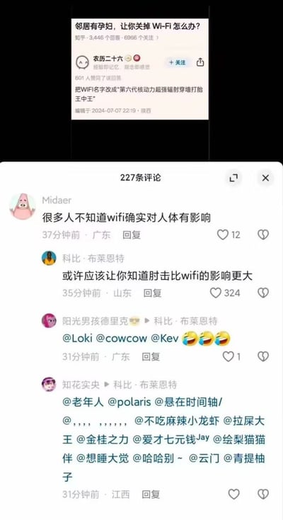 这张图片主要展示了知乎上一则关于孕妇和Wi-Fi有害话题的热门讨论，以及网友们的神回复。例如建议把家中Wi-Fi改名为“第六代核动力超强辐射射频增幅王中之王”，以无厘头的方式回应伪科学观点。评论区网友也充满玩梗与吐槽，气氛搞笑且带有讽刺意味。图片中对“WiFi对健康有害”的说法进行夸张戏谑，属于常见的互联网幽默与反讽。