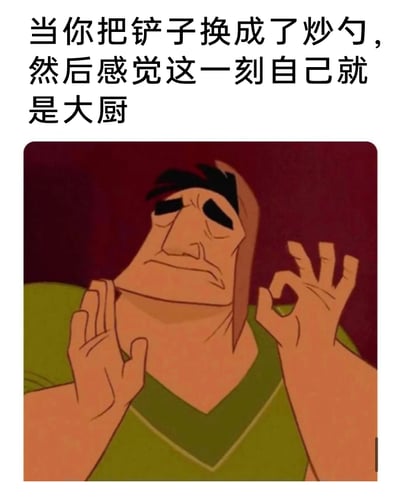这是一张充满生活趣味的搞笑梗图，上方配文“当你把铲子换成了炒勺，然后感觉这一刻自己就是大厨”，图中使用了迪士尼动画《变身国王》里的角色Kronk的经典截图，角色摆出自我认可的姿态，一脸满足地做出得意手势，精准地捕捉到普通人在生活中仅仅更换了一件厨具，就瞬间产生自己化身专业大厨的迷之自信的心态，用夸张的动画形象放大了这种微小的自我满足感，充满了自我调侃的趣味。
