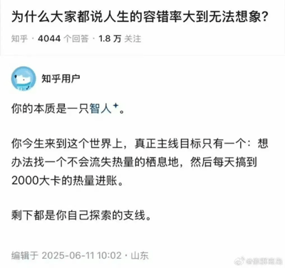 这是一张知乎问答的社交媒体截图，问题为「为什么大家都说人生的容错率大到无法想象？」，该问题拥有4044个回答、1.8万关注量。一位匿名的知乎用户从生物本质的角度给出了独特的解答：将人类定义为智人，认为人生的主线目标仅为找到能保存热量的栖息地，且每日获取2000大卡的热量，其余所有的人生经历与选择都属于可自由探索的支线内容。这个观点解释了人生容错率高的核心——主线目标简单且基础，支线内容无论成败都不影响主线的完成，不必因支线的挫折而过度焦虑。截图右下角带有微博用户「@你群离岛」的水印，回答编辑于2025年6月11日10:02，标注地点为山东。