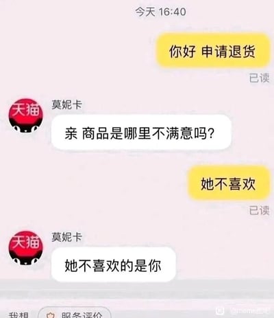 这是一张来自天猫平台的客服聊天记录截图，时间显示为“今天16:40”。对话流程为：买家首先发起对话，表示要申请退货；天猫客服“莫妮卡”常规询问退货原因，询问商品哪里不满意；买家回复“她不喜欢”，此处的“她”通常会被理解为商品的使用者，比如买家的伴侣；但客服却给出了意料之外的扎心回复“她不喜欢的是你”，将对话的焦点从商品问题转移到买家的个人情感层面，用神补刀的方式制造出搞笑又扎心的效果，属于典型的网络趣味梗图，通过反差感拉满的回复引发观者的共鸣与笑点。