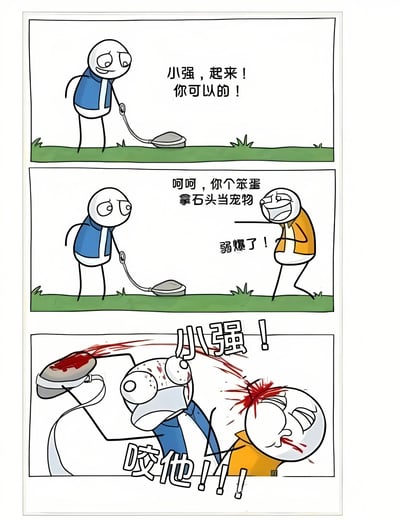 三格连环漫画：第一格中蓝衣人牵着石头宠物“小强”并鼓励它“起来！你可以的！”；第二格橙衣人出现嘲讽“拿石头当宠物 弱爆了！”；第三格蓝衣人愤怒指挥“小强！咬他!!!”，石头突然攻击橙衣人导致其头部流血。通过夸张情节展现因误解引发的搞笑冲突。