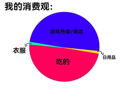 这是一张调侃消费习惯的趣味图文，整体为白底，顶部写有黑色粗体字“我的消费观：”，下方是一个饼状图：其中占比近一半的红色区域标注为“吃的”，占比略小一点的蓝色区域标注为“游戏充值/周边”，剩下的两个区域占比极小，青色窄条对应“衣服”，黄色窄条对应“日用品”，用极度夸张的占比表现出部分群体将绝大多数开支投入到饮食和游戏相关消费，在衣物、日常用品上开销极低的消费特点，充满自嘲的趣味性。
