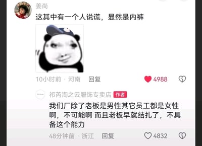 这是一张社交媒体评论区的截图，用户「姜尚」评论称「这其中有一个人说谎，显然是内裤」，并搭配了一个戴帽子的戏谑熊猫头表情包；服饰店官方账号「祁芮淘之云服饰专卖店」随后回复，称厂里除了老板都是女性，且老板早已结扎，不具备相关能力。这段对话因商家过度解读用户的调侃，用离谱的理由回应，形成了荒诞搞笑的效果。