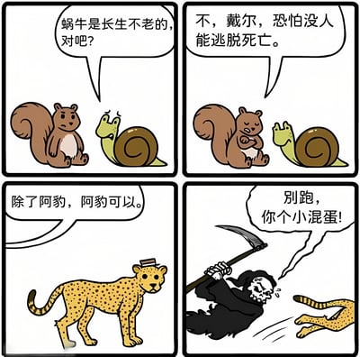 这是一张四格连环漫画，描绘了松鼠、蜗牛、猎豹阿豹与死神之间的对话与互动。第一格中松鼠问蜗牛“蜗牛是长生不老的，对吧？”；第二格蜗牛回答“不，戴尔，恐怕没人能逃脱死亡。”；第三格戴着帽子的猎豹阿豹自信地说“除了阿豹，阿豹可以。”；第四格死神手持镰刀追赶阿豹，并喊道“别跑，你个小混蛋！”。漫画通过猎豹（“豹”与“跑”谐音，猎豹速度快能跑过死神）的双关梗制造幽默效果。