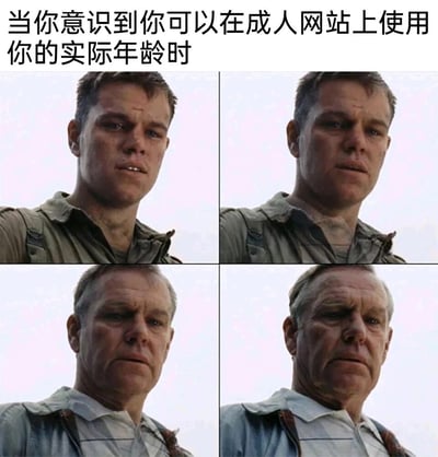 这是一张四格拼接的搞笑梗图，上方配有文字“当你意识到你可以在成人网站上使用你的实际年龄时”。四格画面依次展示了演员马特·达蒙从年轻到逐渐衰老的面部特写，表情从最初的略带错愕，慢慢转变为沧桑疲惫。该梗图通过人物的年龄递进变化，调侃了一个有趣的现实反差：年轻时为进入成人网站需要谎报年龄，而当终于到了可以合法使用真实年龄的年纪，自己却已经不再年轻，用视觉化的衰老过程放大了这种时间带来的无奈又好笑的心境。