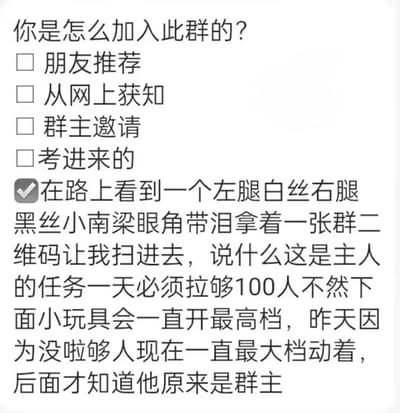 这是一张模仿调查问卷形式制作的搞笑梗图，上方列出了「朋友推荐」「从网上获知」「群主邀请」「考进来的」这些常规的入群原因选项，最后一个选项是一段荒诞离谱的虚构内容：「在路上看到一个左腿白丝右腿黑丝小南梁眼角带泪拿着一张群二维码让我扫进去，说什么这是主人的任务一天必须拉够100人不然下面小玩具会一直开最高档，昨天因为没拉够人现在一直最大档动着，后面才知道他原来是群主」，且该选项被勾选。梗图通过常规选项与极端离谱的虚构场景形成强烈反差，以荒诞、带有擦边趣味的剧情制造笑点，没有双关或谐音梗。
