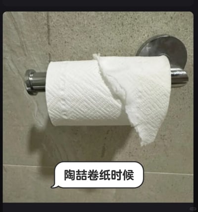 这是一张带对白气泡的实拍静态图，画面中金属卷纸架上的一卷卫生纸被粗暴地扯破，边缘呈现不规则的破损状态，下方的对白气泡内写着“陶喆卷纸时候”，利用“陶喆”与“掏折”的谐音玩梗，调侃人们在掏取卫生纸时没找到撕口，硬扯导致纸张破损的尴尬又好笑的日常场景，容易引发大众的生活共鸣。