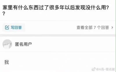 这是一张模仿知识问答平台界面的社交媒体截图，页面顶部提出问题“家里有什么东西过了很多年以后发现没什么用？”，界面配有“写回答”和“查看全部7个回答”的功能按钮；下方匿名用户给出的回答仅为一个字“我”，通过自嘲的方式将自己类比为家中多年后被认为“没用”的存在，用黑色幽默的形式表达自我调侃的情绪，图片右下角带有微博账号@A岛-匿名版的水印。
