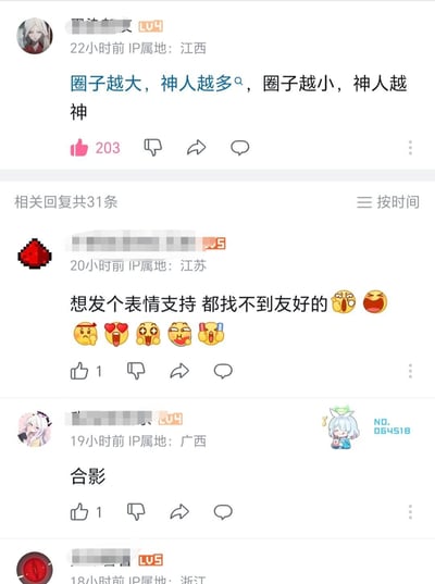 社交媒体平台上的一段评论对话截图，展示了关于圈子大小与神人数量关系的讨论。主帖内容为'圈子越大，神人越多，圈子越小，神人越神'，获得了203个点赞。下方有三条回复，分别表达了找不到合适表情支持的无奈、简单的'合影'二字以及一条被截断的评论。