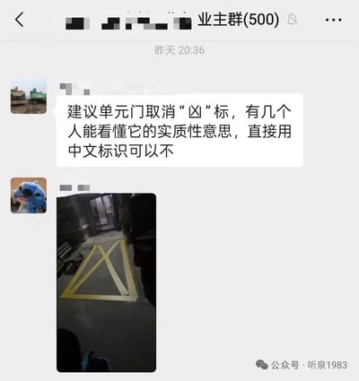 这是一张微信500人业主群的聊天截图，聊天时间显示为前一日20:36。首先有一位业主发言，提议单元门取消现有的“凶”字标识，认为绝大多数人看不懂这个标识的实际含义，要求更换为直白的中文标识。随后另一位业主发出了单元门口的实拍照片，可见地面绘制的是黄色的消防禁停交叉网格线，因拍摄角度和线条组合的视觉效果，从发言业主的视角看刚好形似汉字“凶”，属于因视觉误会产生的搞笑内容，截图右下角带有“公众号·听泉1983”的水印。
