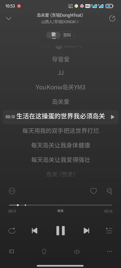 这是一张手机端音乐播放APP的竖屏截图，正在播放网络原创歌曲《岛关爱（东铭DongMfeat）》，歌手为山西人/东铭DONGM。截图展示了歌曲的滚动歌词内容，歌词使用粗鄙的口语化词汇表达对现实世界的不满，通过玩低俗谐音梗来进行情绪宣泄。
谐音梗说明：“岛关”是“倒灌”的低俗谐音，属于不雅的网络低俗表述，歌词以此来进行夸张的自我调侃式发泄。