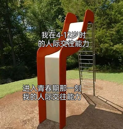 这是一张调侃青春期前后人际交往能力变化的趣味梗图，图中展示了一个设计特殊的分岔滑梯：上方宽阔的滑梯通道对应配文“我在4-12岁时的人际交往能力”，象征着童年时期社交状态轻松顺畅、社交范围宽泛；下方狭窄的封闭通道对应配文“进入青春期那一刻我的人际交往能力”，生动比喻了进入青春期后，很多人会出现社交局促、社交能力仿佛“缩水”的状态，精准戳中了青春期群体的社交体验痛点，用直观的视觉对比放大了这种前后反差感。