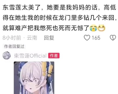社交媒体评论截图，内容为用户表达对东雪莲的喜爱，称'东雪莲太美了，她要是我妈妈的话，高低得在她生我的时候在龙门里多钻几个来回，就算难产把我憋死也死而无憾了'，并配有笑哭和大笑表情。评论下方显示有165个点赞，以及作者东雪莲Official的回复标识和头像。