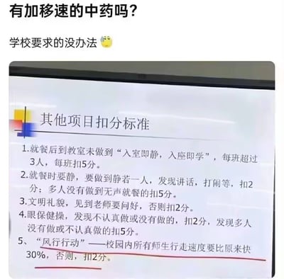 这是一张校园管理规定截图的梗图，配文“有加移速的中药吗？”吐槽学校风行行动新规，规定所有师生在校园内行走速度需比平时快30%，违者要扣分。配合表情和无奈语气，带来强烈喜感，隐含对不合理制度的无力与调侃，也有一定夸张和反讽意味。

图片内容显著带有调侃和吐槽色彩，属于典型的“职校梗/校园吐槽”系列。主图来源为校园内部PPT显示的标准规定。

此梗图最大亮点在于“加移速的中药”谐音梗（指游戏中可提升移动速度的药物，道具），与“中药”双关。