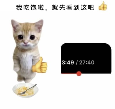 这是一张经过创意合成的趣味网络图片，画面主体是一只浅橘色的小猫，它呈站立姿态，前爪被替换成了点赞的emoji手势，面前的白色盘子里只剩少量食物残渣和一把叉子。图片上方配有文字“我吃饱啦，就先看到这吧”，右侧是一个视频播放进度条，显示当前播放至3分49秒，而视频总时长为27分40秒，进度条仅推进了很小一部分。这张图用“吃饱了”作为借口，生动调侃了当代人面对长视频时，缺乏耐心坚持看完，中途就选择放弃的日常状态，软萌的小猫形象让这种吐槽显得更加可爱有趣，容易引发网友共鸣。