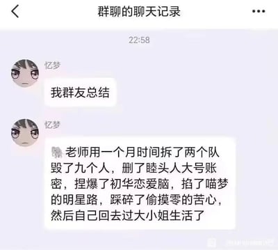 这是一张群聊聊天记录截图，群成员“忆梦”在群内发布了一段总结性的吐槽文字。她先用一句“我群友总结”引出内容，随后用极具戏谑和夸张的语气，列举了一位被称为“老师”的人在一个月内的一系列行为：拆毁两个团队、影响九个人的相关生活，还具体针对不同的人做出了不同的负面影响，比如删除睦头人的大号账号密码、打破初华的恋爱心思、掐断喵梦的明星发展道路、毁掉偷摸零的心血，最后这位“老师”自己回到了优渥的“大小姐生活”中。整体内容充满了对这位“老师”行为的不满与吐槽，用拟人化的动词（捏爆、掐断、踩碎）强化了情绪的表达。
