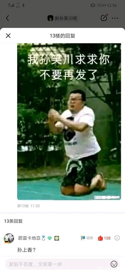 这是来自百度贴吧“新孙笑川吧”的帖子回复截图，13楼发布了一张经过二次创作的P图：图中网络红人孙笑川双膝跪地，双手前伸做出祈求的动作，上方配文“我孙笑川求求你不要再发了”，模仿孙笑川的口吻表达请求停止发帖的诉求。在该回复下方，用户“蔚蓝卡地亚”发布评论“孙上香？”，玩了谐音梗——将图中孙笑川的动作联想为上香的姿态，谐音三国人物“孙尚香”，这条评论获得了108个点赞，体现了网友在社区里围绕孙笑川相关素材玩梗互动的氛围。