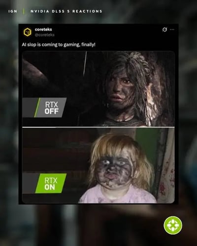 这是一张游戏圈热梗“DLSS 5 ON”的玩梗对比图，整体为社交媒体截图形式，顶部标注有“IGN NVIDIA DLSS 5 REACTIONS”，截图内容来自用户coreteks的社交账号，配文为“AI slop is coming to gaming, finally!”。图采用上下对比构图，上方图标注“RTX OFF”，展示了游戏中满脸污垢的成年女性原始角色形象；下方图标注“RTX ON”，对应玩梗的“DLSS 5 ON”效果，原本的成年女性角色被AI滤镜修改成了一个形象怪异、五官不协调的满脸污渍金发小女孩，完全改变了原角色的身份与形象，夸张地呈现出AI过度修图后画面完全失真的效果。