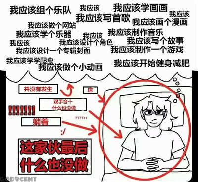 图片上半部分密集排列着大量以“我应该”开头的文字，包括“组个乐队”“学画画”“制作音乐”“健身减肥”等数十种创意或自我提升计划，展现了丰富的想法。下半部分是卡通风格插画，一个戴眼镜的人躺在床上，双手合十，周围用箭头和文字标注“并没有发生”“双手合十什么也没做”“躺着”，最下方红色大字强调“这家伙最后什么也没做”。整体用幽默方式描绘了人们常有很多想法却缺乏行动力的状态，形成理想与现实的反差萌。