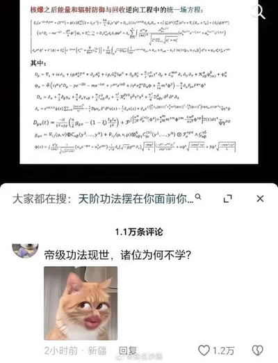 这张图由上下两部分拼接而成：上半部分是一张布满复杂核物理相关公式的图片，标题为「核爆之后能量和辐射防御与回收逆向工程中的统一场方程」，公式内容繁杂晦涩，充满专业感；下半部分是社交媒体评论区截图，搜索栏显示「大家都在搜：天阶功法摆在你面前你...」，一条获赞1.2万的评论配了挑眉搞怪的橘猫表情包，配文「帝级功法现世，诸位为何不学？」。
该图玩了反差梗，将严肃难懂的专业物理公式类比为修仙网文里的顶级功法，用大众熟悉的网文梗解构专业知识的晦涩，制造出搞笑的效果。