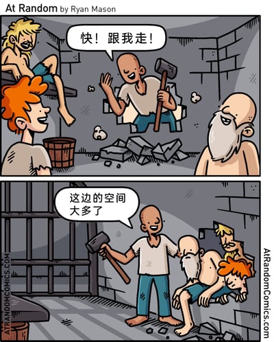 这是一则两格的搞笑卡通漫画。第一格场景是昏暗的监狱牢房，一名光头囚犯手持锤子砸开了牢房的墙面，脸上满是兴奋，挥手招呼牢房内的三名囚犯：“快！跟我走！”，三名囚犯分别是红发、金发和白胡子光头囚犯，他们看到这一幕都露出欣喜的表情，以为即将开启越狱。第二格场景中，光头囚犯将三人带到了墙的另一侧，然而这一侧的空间极其狭小，三名囚犯只能挤在墙洞的缺口里，表情瞬间变得无奈又尴尬，而光头囚犯却依然得意地说道：“这边的空间大多了”，通过这种反向的、荒诞的情节制造出强烈的喜剧反差。
