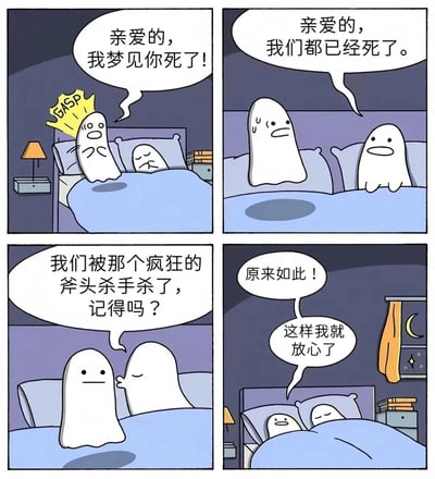 这是一幅四格漫画，描绘了一对幽灵情侣的对话。第一格中，一个幽灵惊醒并对另一个幽灵说："亲爱的，我梦见你死了！"，头上有"GASP"的惊讶符号。第二格中，另一个幽灵平静地回答："亲爱的，我们都已经死了。"。第三格中，第一个幽灵提醒道："我们被那个疯狂的斧头杀手杀了，记得吗？"。第四格中，第二个幽灵恍然大悟地说："原来如此！这样我就放心了"，随后两个幽灵安心地躺在床上。整个漫画通过幽灵担心对方死亡的荒诞情节制造黑色幽默效果。