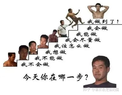 这张图片以阶梯形式，展示了从“我不会做”到“我做到了！”的逐级心理过程，每一个阶梯均用野兽先辈（田所浩二）的不同经典造型来代表一种心态或进步阶段。底部配有大字“今天你在哪一步？”，形成类似励志、搞笑与自嘲相结合的网络迷因。整体玩梗氛围浓厚，结合了“淫梦”梗的恶臭幽默特点。

该图存在致敬和反讽双重意味，利用田所浩二在《仲夏夜之淫梦》中的形象和动作，将本是严肃或正能量的励志阶梯图，变成充满二次创作调侃气息的表情包。

双关/谐音梗：阶梯式台词与“野兽先辈”人设结合，既讽刺又充满圈层幽默。