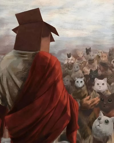 画面中一位身披红色斗篷的人物背对着观众，头上戴着一个棕色的纸袋。他正面向一大群姿态各异的猫，这些猫有着不同的毛色和表情，密集地聚集在一起。整幅图像采用类似油画的质感，背景是模糊的天空和地面，营造出一种神秘而略带荒诞的氛围。