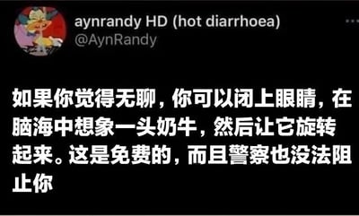 这是一张社交媒体截图，显示用户@AynRandy的帖子。帖子内容为：“如果你觉得无聊，你可以闭上眼睛，在脑海中想象一头奶牛，然后让它旋转起来。这是免费的，而且警察也没法阻止你”。用户头像为一个色彩鲜艳的卡通角色，整体风格轻松幽默，旨在提供一种无厘头的解闷方式。