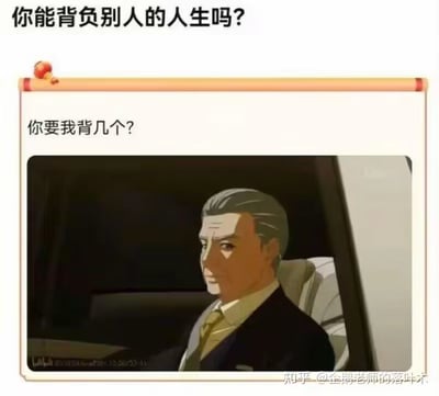 这是一张网友自制的搞笑梗图，采用图文混排的形式，上方提出一个带有哲学意味的严肃问题“你能背负别人的人生吗？”，对于这个问题，答案是每个人的人生都需要自己负责，我们可以在他人遇到困难时提供帮助和支持，但无法完全背负别人的人生，因为每个人都有自己的选择和要走的路。下方搭配动画《间谍过家家》里的WISE组织长官的截图，并配文“你要我背几个？”，将抽象的“承担人生责任”曲解为字面意义的“背人”，通过偷换概念的方式制造反差笑点，消解了原问题的沉重感，显得诙谐幽默。
