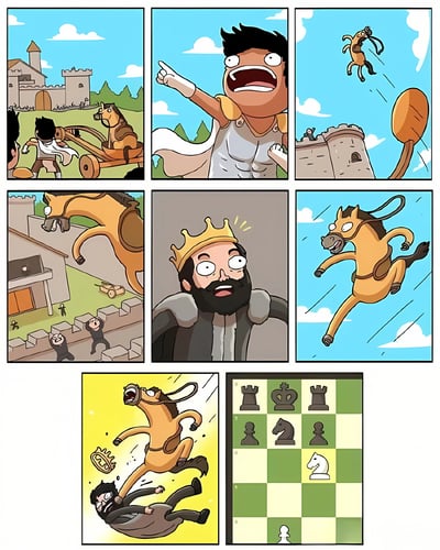 这是一幅9格连环漫画，讲述了一个脑洞大开的故事：左侧第一格中，一名骑士正将一匹战马装上投石机，背景是一座城堡；第二格骑士手指前方，表情惊讶地大喊；第三格战马被投石机发射到空中，背景依然是城堡。中间一排，第四格战马正飞越城堡围墙；第五格一位戴着皇冠的国王表情震惊；第六格战马在空中飞驰。底部一排，第七格战马撞上了一个戴眼镜的人；第八格展示了一个国际象棋棋盘，其中一个白色的马棋子格外突出。整个漫画通过夸张的情节和表情制造幽默效果，最终的象棋棋盘揭示了这是一个关于国际象棋中"马"棋子移动的创意诠释。