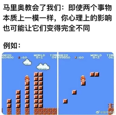 这张梗图通过经典FC游戏《超级马里奥兄弟》的两个关卡画面对比，阐述了「即使事物本质相似，心理影响也会让感受完全不同」的观点。左侧是World 8-1的连续砖块平台，右侧是World 8-3的分散砖块，对于玩过游戏的玩家来说，连续砖块容错率高，跳跃时更安心；而分散砖块需要精准跳跃，容错率极低，会带来强烈的紧张感，两者虽都是跳跃砖块的关卡，但心理压力和感受截然不同，精准戳中了马里奥玩家的共鸣点。
