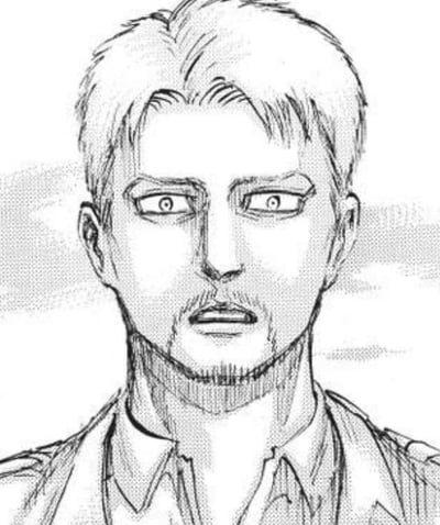 这是一张出自《进击的巨人》漫画原作的静态单图，为角色莱纳·布朗的半身特写，采用黑白线稿的漫画风格绘制。图中莱纳双眼圆睁、瞳孔收缩，嘴巴微张，面部线条紧绷，神态充满了震惊与错愕，细腻的刻画传递出他正处于受到强烈冲击的情绪状态中，背景带有漫画网点纸的纹理，整体画面聚焦于角色的情绪表达，极具感染力。