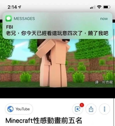 这是一张经过P图改编的手机屏幕截图，属于图文混排的搞笑梗图。画面上方是iOS系统的消息通知栏，显示来自“FBI”的消息：“老兄，你今天已经看这玩意四次了，饶了我吧”，模拟官方监控的调侃语气；中间是Minecraft（我的世界）风格的动画画面，两个像素方块造型的角色相拥在一起，呈现出擦边的成人向内容；下方是YouTube的界面，显示视频标题为“Minecraft性感动画前五名”，右下角还有“译：好色龙”的翻译水印。整张图通过结合FBI网络监控的梗和玩家自制的Minecraft擦边动画，以夸张的调侃方式，讽刺用户多次浏览这类偏离原版游戏风格的成人向衍生内容，制造出荒诞搞笑的效果。